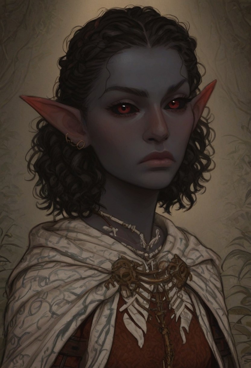 solo, short pointy ears, piercings, random elf face, aquiline features, dark elf, medium dark skin, weathered skin, large nose, animated realism, zoomed out, Syrian features, torso, brass pipes and gears, intricate architecture, dwarven masonry, dwemer fixtures, white-green light, gloomy lighting, ancient ruins, interior, stone tiled floor, grey-blue skin, mahogany and ivory clothes, medium armor, bone plate armor, ivory straps and fittings, grey wood neckguard, dark red sclera, black pupils, distant mushroom forest, blue-green light, neon, highly detailed, defined features, looking at viewer, three quarters view, from front, dynamic lighting, 36 years old, light and shadows, patterned cloth, annoyed expression, expressive eyes, detailed medieval clothes, medium_breasts, cropped hair, wavy hair, thick hair, beaded hair, braided hair, under cut hair, semirealistic, alien elf, spanish features, jewish features, black hair, dark red hair, umber skin, sharp features, pastel green berber print cloak, nighttime, high detail, absurdres, pretty eyes, detailed eyes, red eyes,