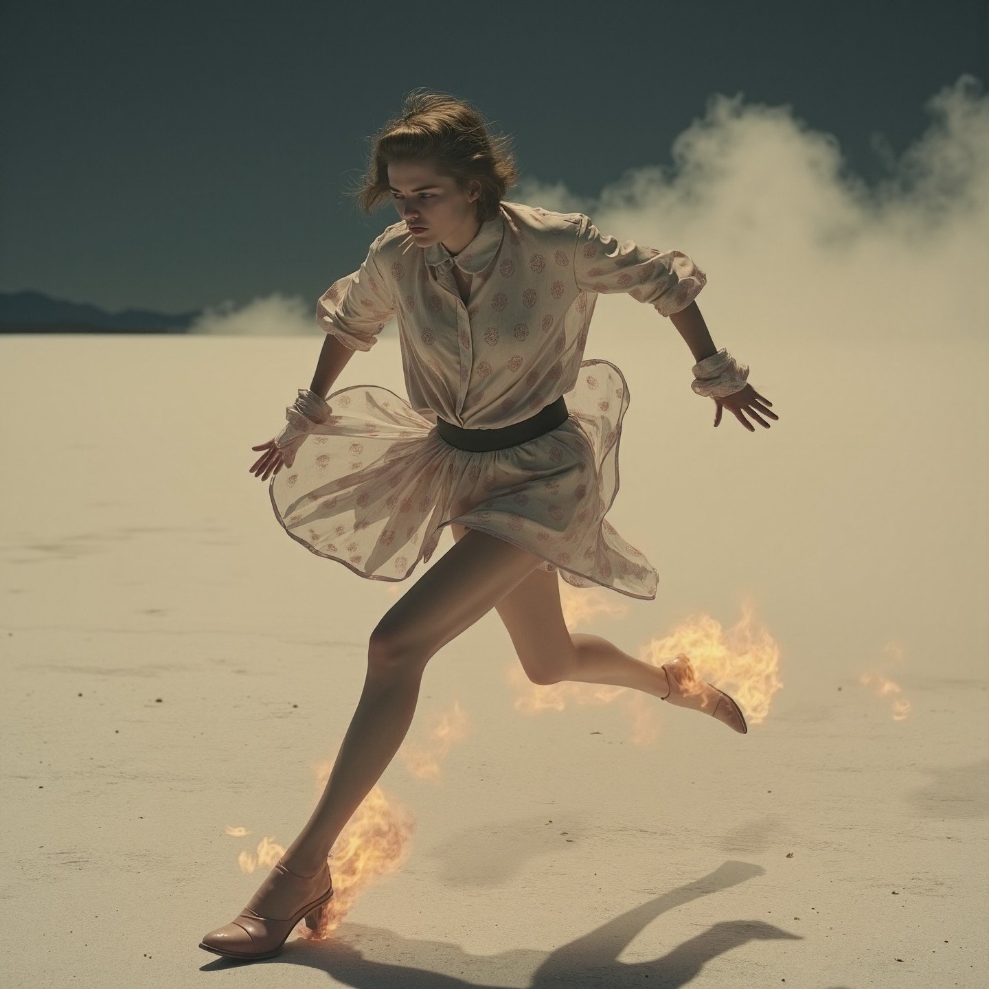 <lora:40s_Vintage_Nudity:0.8> Colour artwork. low-angle view. Renaissance photograph with fire theme. Light-toned photograph of a fiendish, adult, futuristic, clothed, casual, frowning, Edwardian valkyrie. They are sprinting in a night-time impossible salt flat, intricate white and mauve and bronze polka-dotted details, apocalyptic. In the distance there is billowing glowing fog. The overall style of the photo is vivid fine art with symbolic Surreal details. The photographer has added detail to the photograph with chemical sprays and scratch marks.