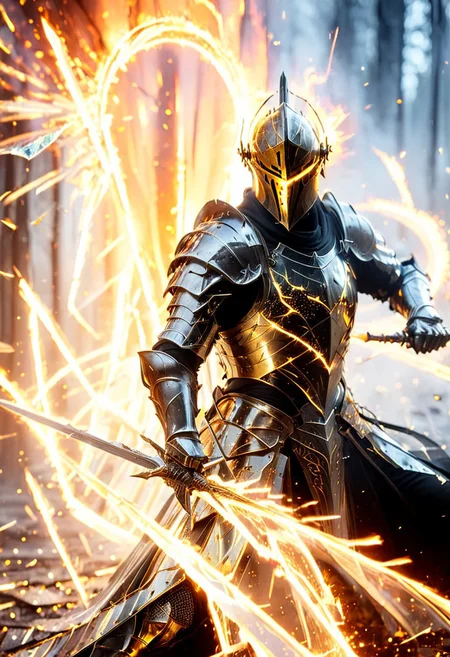 1man, armored golden knight, Incoming sword, broken glass, reflection, glowing fire slash, shatter, holding sword, glowing sword, motion blur, emphasis line, outdoor in the darkness, looking at viewer,