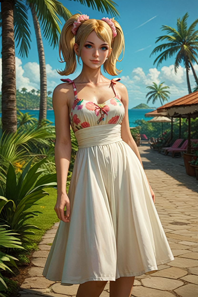 score_9, score_8_up, score_7_up, score_6_up
<lora:LCJuliet:0.8>
LCJuliet, 1girl, blonde hair, twin tails, blue eyes, looking at viewer, on a tropical island, sundress, palm trees, full body
