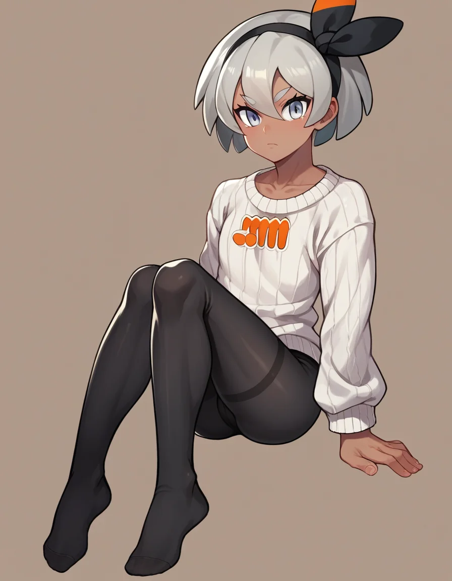 zPDXL, score_9, score_8_up, score_7_up, source_anime, 1girl, solo,
<lora:Cotton_v2:0.8> cotton tights, black legwear, no shoes, Pokemon, Bea, dark-skinned female, silver hair, muscular, flat chest, sweater,