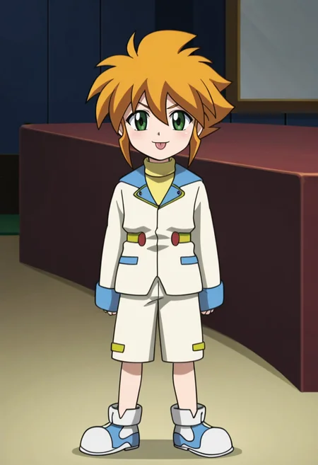 source_anime,anime screencap, anime coloring,intricate details,rating_safe, masterpiece, best quality,
(best quality, absurd res, ultra detailed),,(4 finger:0.5),1girl, ((solo)), good eyes,perfect eyes,,detailed eyes, zPDXLxxx , zPDXL3,detailed, detailed face
BREAK
solo,indoors,standing,front view,
yu_tendo, 1boy, orange hair, green eyes, white shorts, white jacket, long sleeves, yellow turtleneck,
smirk, tongue, :P,
, <lora:add-detail-xl:2> <lora:Yu_Tendo:0.8>