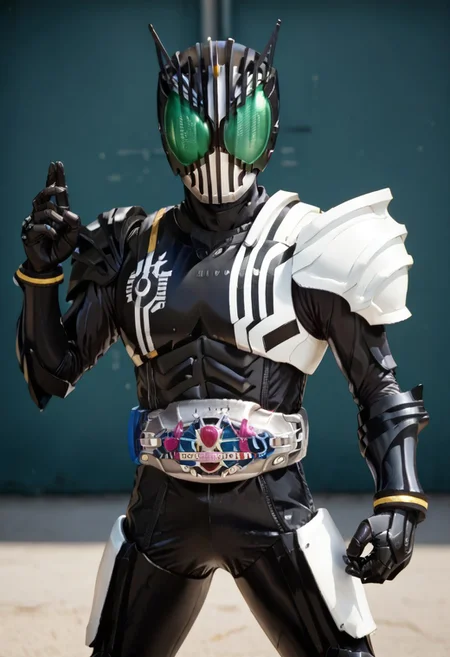 score_9, score_8, score_7, solo, armor, tokusatsu, bodysuit, helmet, rider belt, white armor, green eyes, black bodysuit, black trim, henshin pose
