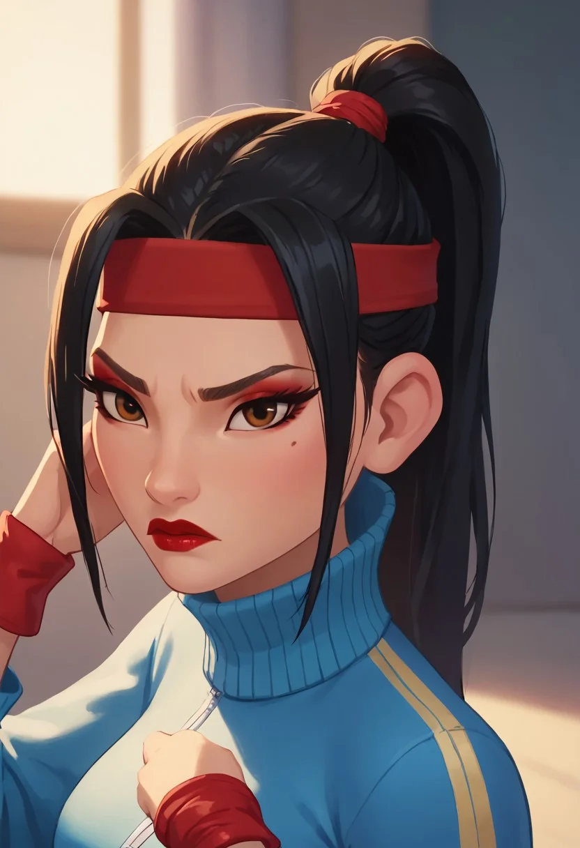 score_9, score_8_up, score_7_up, ultra quality, solo, 1girl, chang'e_tt, 1girl, asian, high ponytail (black hair, red headband), big eyelashes, brown eyes, makeup, red eyeshadow, red lipstick, red nails, red wristbands, blue track jacket (turtleneck, wide sleeves), light blue spandex, angry, pouting, big hips, big butt, bubble butt, breasts, narrow waist, curvy, score_9, score_8_up, score_7_up, score_6_up, looking at the viewer, standing, close up, view from above, face focus, screencap