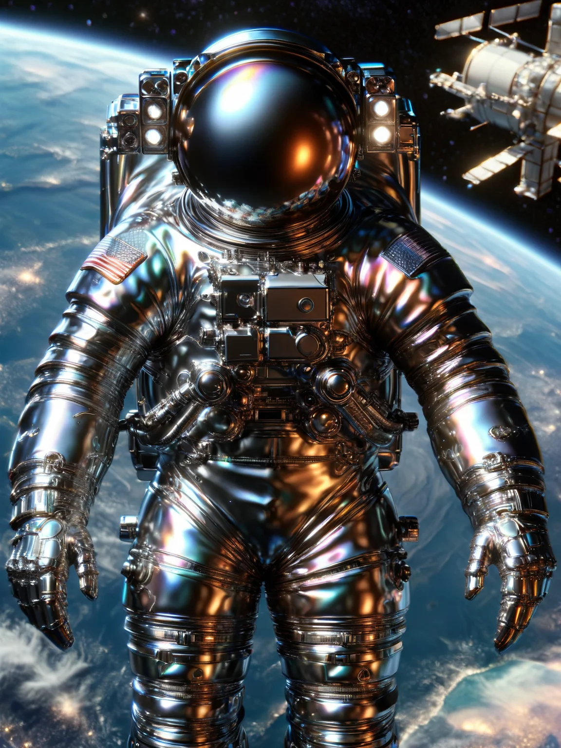 An astronaut in an ais-metalz space suit floating near a shimmering space station orbiting Earth, with a breathtaking view of the planet and stars in the background <lora:Metallic_Iridescence_SDXL:1>