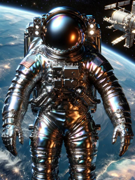 An astronaut in an ais-metalz space suit floating near a shimmering space station orbiting Earth, with a breathtaking view of the planet and stars in the background <lora:Metallic_Iridescence_SDXL:1>