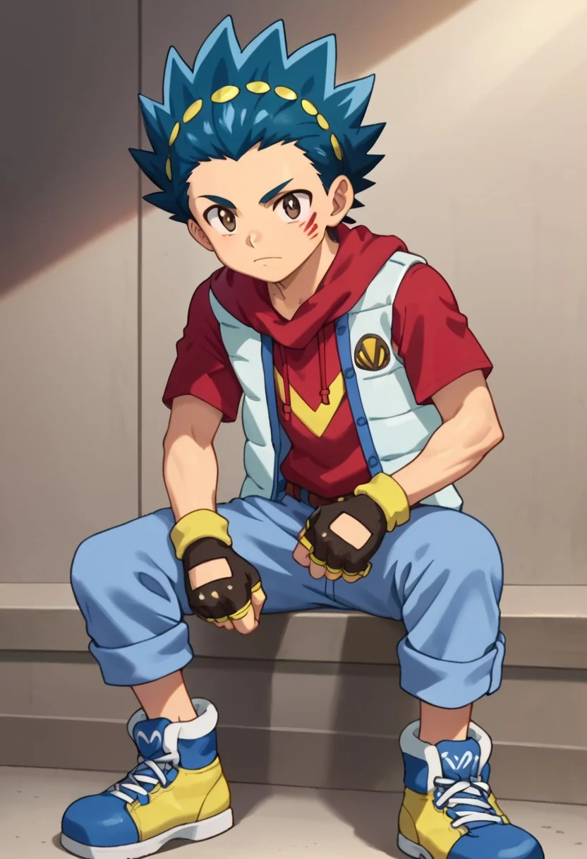 score_9, score_8_up, score_7_up, score_6_up, highly detailed,Good Colors, Glowing Skin, Good Shading, Good Eyes, Contrast Shading, 1boy,handsome boy, male focus, solo, slim, skinny, slim body, young man, correct anatomy, alone, no muscles, Valt, 1boy, male_focus, blue hair, blue and yellow headband, brown eyes, red facemarks, red hoodie, light blue body warmer, black and yellow gloves, blue pants, blue and yellow shoes