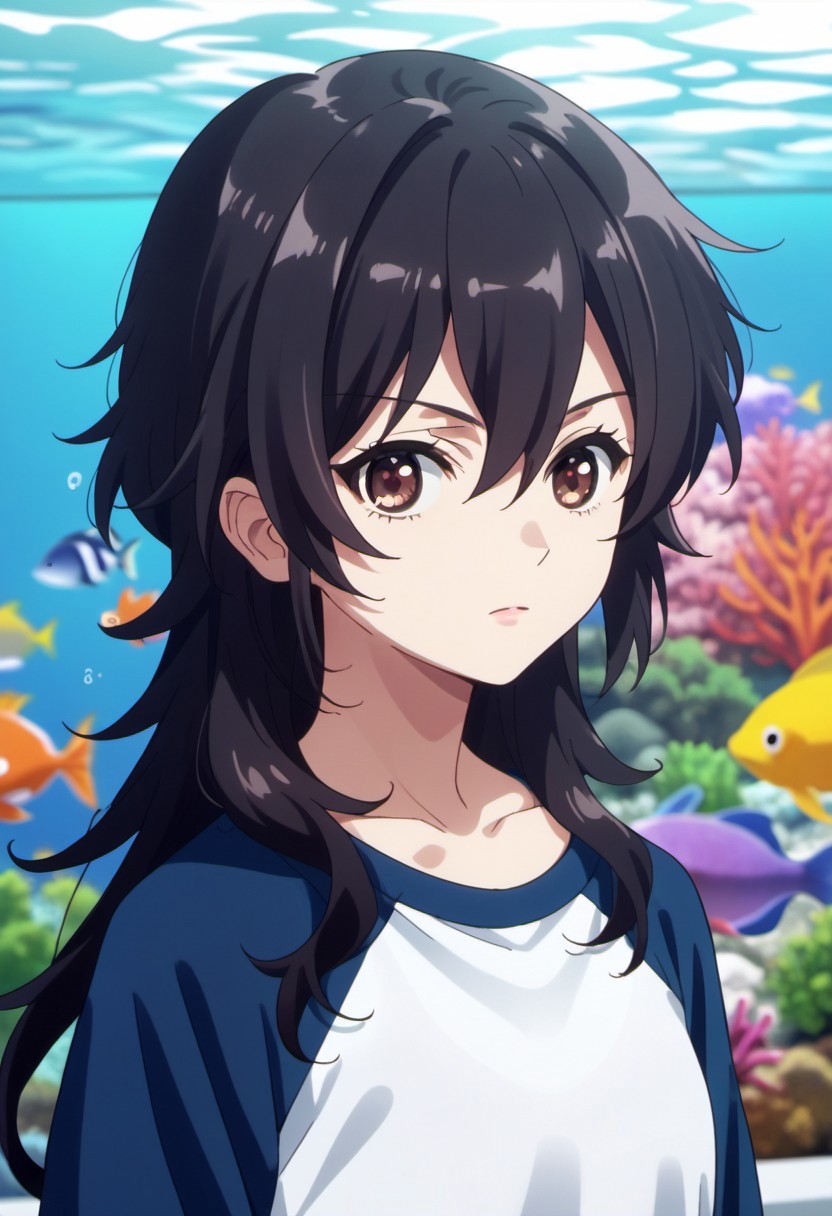 score_9, score_8_up, score_7_up, source_anime, ameku takao, long hair, black hair, brown eyes, 1girl, solo, raglan sleeves, aquarium, anime coloring, upper body, hair between eyes, looking at viewer, collarbone, shirt, fish