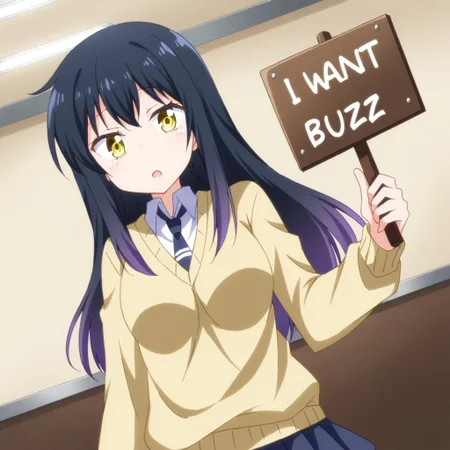 score_9, score_8_up, score_7_up,source_anime,BREAK , 1girl, Miko Yotsuya with a sign with text "i want buzz" <lora:buzz-text:.85>, yellow_eyes, black_hair, long_hair, gradient_hair, medium_breasts, yellow_eyes, black_hair, long_hair, gradient_hair, medium_breasts, school_uniform, yellow_sweater, pleated_skirt, blue_skirt, blue_necktie, white_shirt