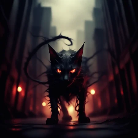 wyrmterro demonic cat, red eye, on the city street, darkness, cinematic<lora:wyrmterro:1>
