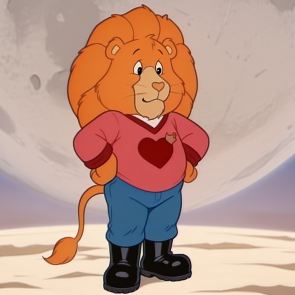 ,masterpiece, best quality, amazing quality,  BraveHrtLionil, semi-anthro, male, lion_boy, orange fur, orange mane, black eyes, Tummy Symbol, tail, tail tuft, pink shirt red trim, blue pants, black boots, full body, solo, on the moon