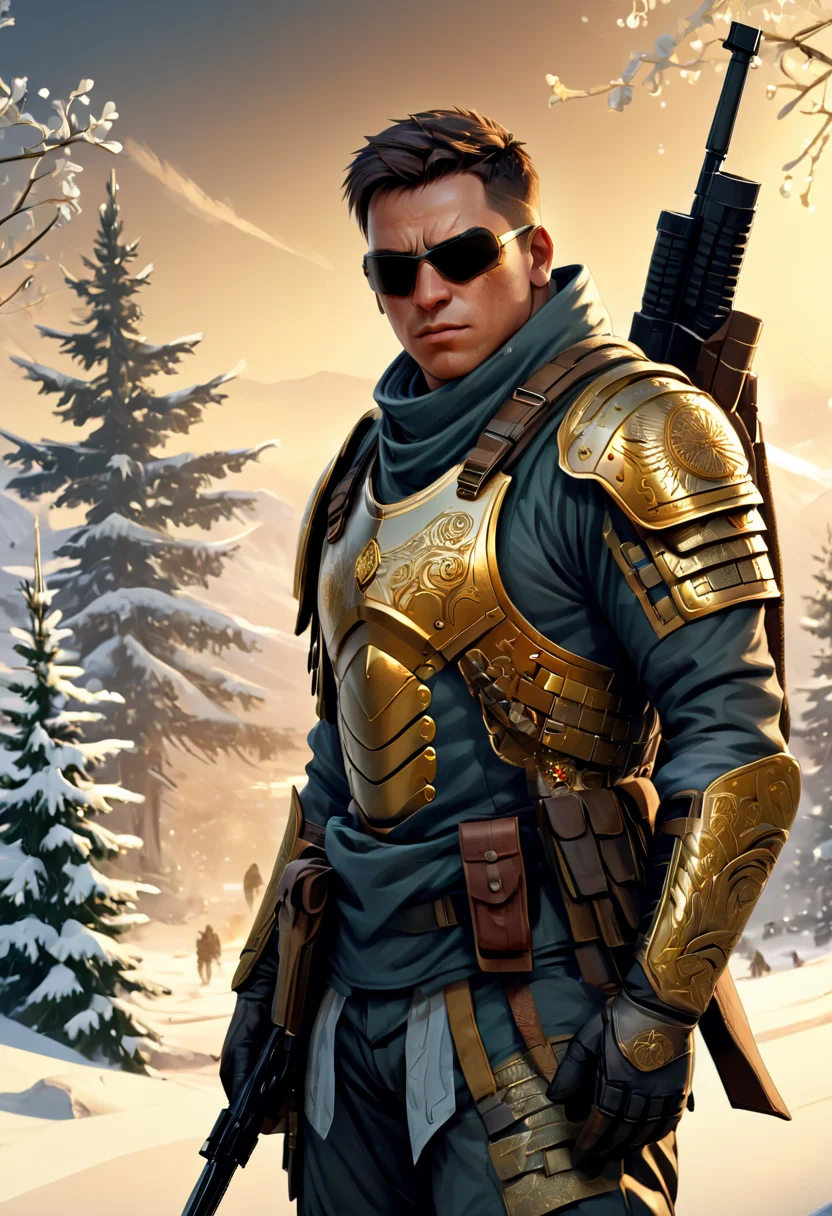 Illustration, elite soldier, mercenary, skilled warrior, mstltmrc, winter landscape, intricate details, natural lighting, masterpiece, highly detailed