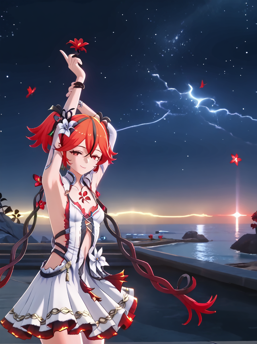 detailed background, shiny skin, rating safe,
<lora:camellya.pony:1.0>,
camellya, red hair,  red eyes, 
smirk, half-closed eyes,
night, dark, flower,