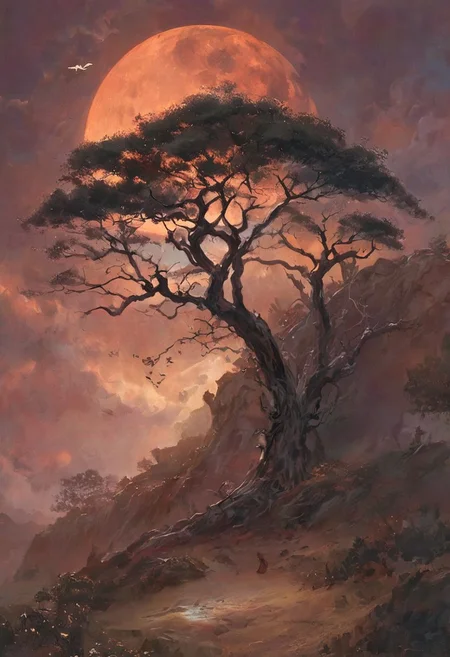 the image presents a surrealistic landscape scene. dominating the background is a large mountain, adorned with a red orange hue that transitions into deep orange and brown hues near the peak. the mountain's top is capped with a red light, adding an eerie glow to the scene. in the foreground, there's a tree with gnarled branches reaching out towards the sky, reminiscent of a bony hand. this tree appears to be made of black lines against a backdrop of red orange clouds. above, the night sky is visible, with the moon casting a soft white light. despite being set at night, the colors and lighting give the scene a dreamy and ethereal quality., romantic impressionism, dream scenery art, beautiful oil matte painting, romantic, style of thomas kinkade, beautiful digital painting, anime landscape, romantic painting, thomas kinkade style painting, dreamlike digital painting, colorful painting, beautiful gorgeous digital art, style thomas kinkade