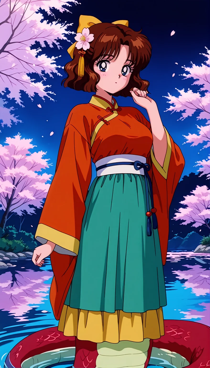 masterpiece,best quality,amazing quality,1990s \(style\),OsakaNaru ill,1girl,solo,blue eyes,short hair,brown hair,hair bow,monster girl,lamia,solo,hair ornament,night,flower,chinese clothes,cherry blossoms,scales,looking at viewer,hand up,long sleeves,outdoors,wide sleeves,skirt,breasts,standing,water,hair flower,sash,hanfu,<lora:OsakaNaru ill:0.8>,