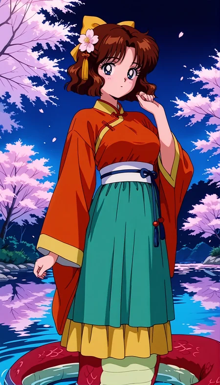 masterpiece,best quality,amazing quality,1990s \(style\),OsakaNaru ill,1girl,solo,blue eyes,short hair,brown hair,hair bow,monster girl,lamia,solo,hair ornament,night,flower,chinese clothes,cherry blossoms,scales,looking at viewer,hand up,long sleeves,outdoors,wide sleeves,skirt,breasts,standing,water,hair flower,sash,hanfu,<lora:OsakaNaru ill:0.8>,