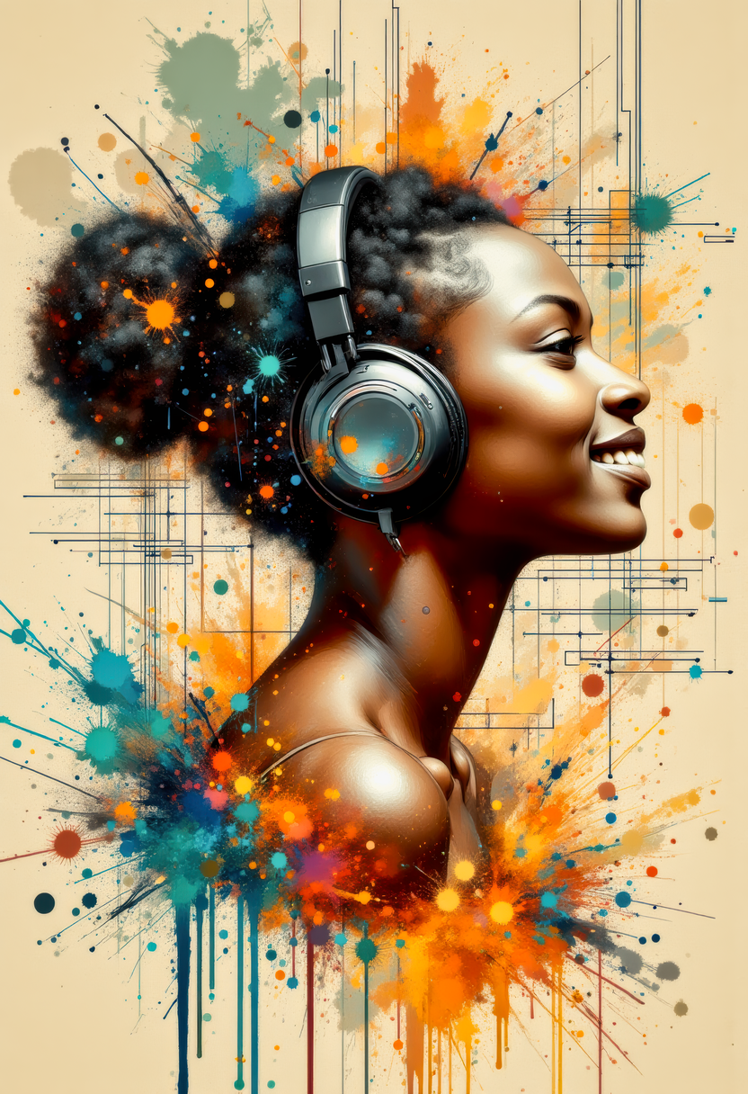 A bare shoulder portrait of an African teenage girl with ebony skin.  She is in profile, with the hair on the side of her head shaved off, and the hair on the back of her head done up in a bun.  She is wearing large high-tech headphones ans smiling as she litens to the music.  The abstract background is a combination of a technical readout diagram and broad vertical swatches of beige, orange and cyan brush stokes.  The painting is done in the style of Art Frahm.     <flux_realism_lora:0.16> <FluxDFaeTasticDetails:0.32> <BaroqueColorful:1.00>