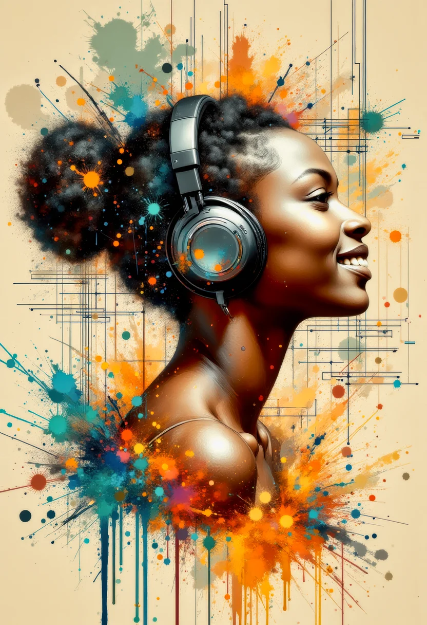 A bare shoulder portrait of an African teenage girl with ebony skin. She is in profile, with the hair on the side of her head shaved off, and the hair on the back of her head done up in a bun. She is wearing large high-tech headphones ans smiling as she litens to the music. The abstract background is a combination of a technical readout diagram and broad vertical swatches of beige, orange and cyan brush stokes. The painting is done in the style of Art Frahm. <flux_realism_lora:0.16> <FluxDFaeTasticDetails:0.32> <BaroqueColorful:1.00>