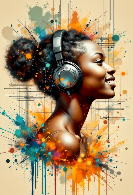 A bare shoulder portrait of an African teenage girl with ebony skin. She is in profile, with the hair on the side of her head shaved off, and the hair on the back of her head done up in a bun. She is wearing large high-tech headphones ans smiling as she litens to the music. The abstract background is a combination of a technical readout diagram and broad vertical swatches of beige, orange and cyan brush stokes. The painting is done in the style of Art Frahm. <flux_realism_lora:0.16> <FluxDFaeTasticDetails:0.32> <BaroqueColorful:1.00>