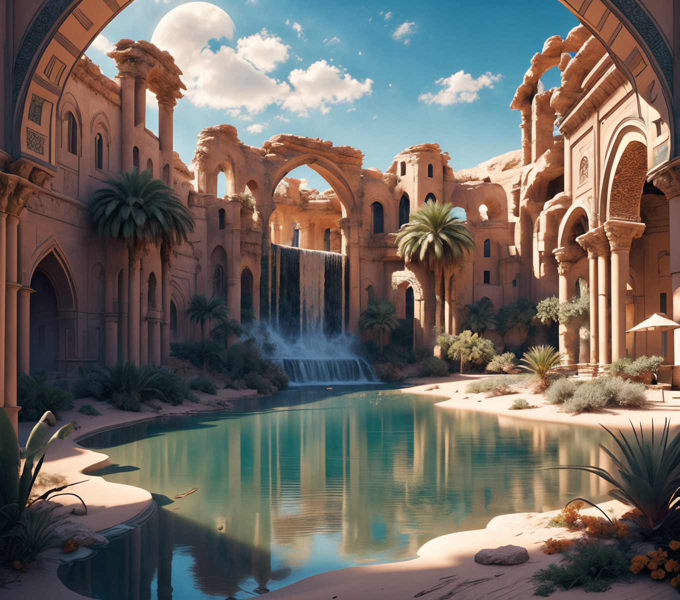 RAW photo, (masterpiece:1.3), subsurface scattering, heavy shadow, (high quality:1.4), (intricate, high detail:1.2), professional photography, HDR, High Dynamic Range, realistic, ultra realistic, photorealistic, high resolution, film photography, ambient lighting, atmospheric effects, <lora:detail_slider_v4:2>, OverallDetail,  <lora:Oasis:1>, arch, beach, blue sky, cloud, day, grass, moon, mountain, no humans, oasis, outdoors, palm tree, plant, reflection, reflective water, rock, ruins, sand, scenery, sky, tower, tree, water, waterfall