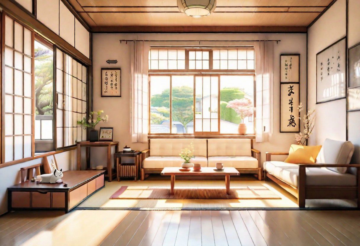 ((front view)), ((Japanese animation style)), modern-style interior, with white walls, (large windows), Nordic-style furniture, a  study, Sofa, coffee table, bookcase, single wall, 
warm light morning sun, (the view of the city)