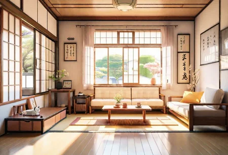 ((front view)), ((Japanese animation style)), modern-style interior, with white walls, (large windows), Nordic-style furniture, a  study, Sofa, coffee table, bookcase, single wall, 
warm light morning sun, (the view of the city)