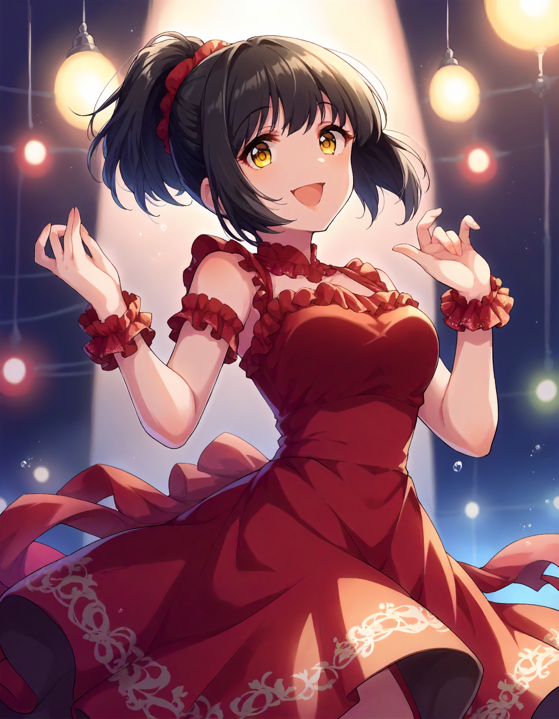 score_9,score_8_up,score_7_up,1girl,solo,cowboy shot,looking at viewer,smile,open mouth,stage lights,
<lora:takafujikako_ponyXLV6:0.8>,cgtkk,
black hair,ponytail,yellow eyes,
red dress,frills