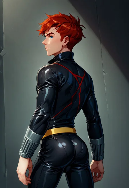 score_9, score_8_up, score_7_up, 1boy, solo, cute boy, James Rogers, Blue Eyes, Red Hair, bulge, black widow costume, black leather bodysuit, partially unzipped, male cleavage, yellow belt, yellow bracers, from behind, looking back, butt