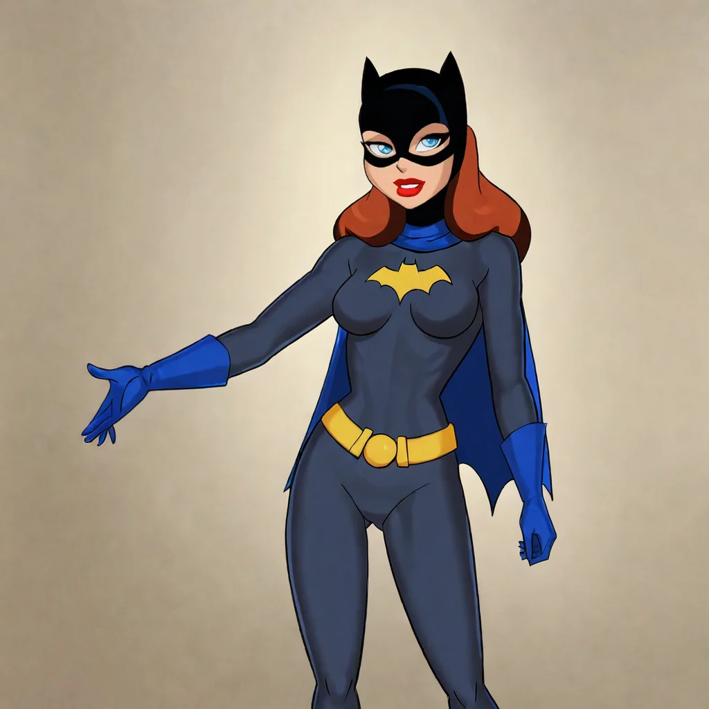 <lora:batgirlbtas_pony_v1:.7>BatgirlDCAU, 1girl, lipstick, cape, medium breasts, blue eyes, mask, bodysuit, gloves, superhero, belt, red lips, makeup, long hair, brown hair, cowboy shot