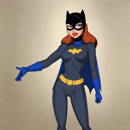 <lora:batgirlbtas_pony_v1:.7>BatgirlDCAU, 1girl, lipstick, cape, medium breasts, blue eyes, mask, bodysuit, gloves, superhero, belt, red lips, makeup, long hair, brown hair, cowboy shot