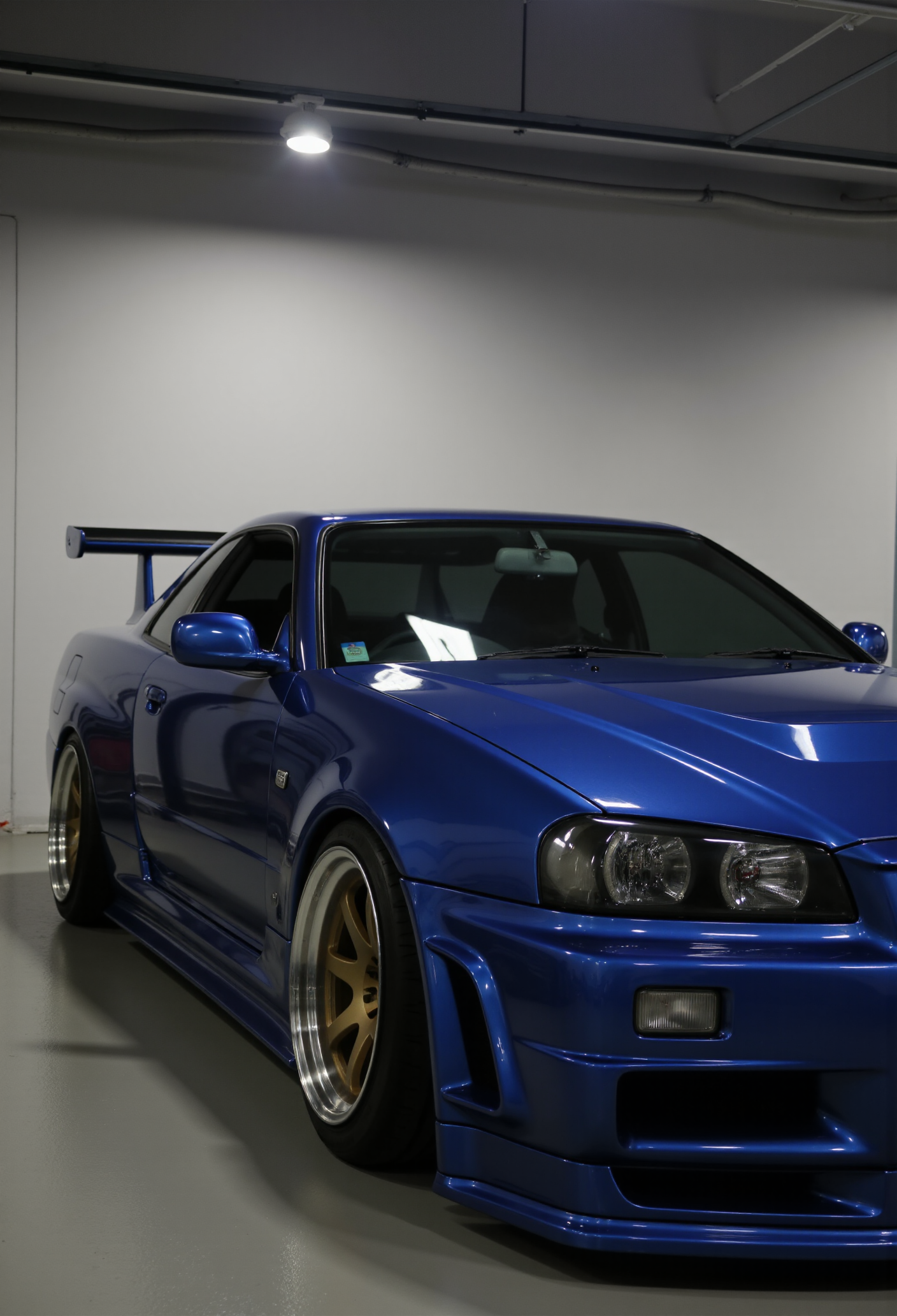 <lora:Nissan_Skyline_GT-R_R34:0.8> A slightly close shot of a modified Nissan Skyline GT-R R34 in all its shining glory. Mirror-like, flossy finish.