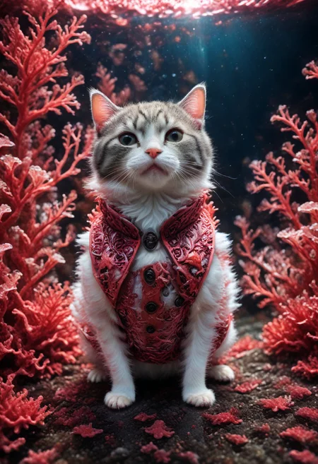 masterpiece, best quality, Ray tracing, hdr, volumetric lighting, highres, detailed background, coralbugXL, wide shot, coral cat, cute kitten, cat wearing a vest made of coral, household environment, underwater, ocean floor, furniture made of red coral, perfect composition, bright colours, magical, flowing water, lots of details, beautifully lit