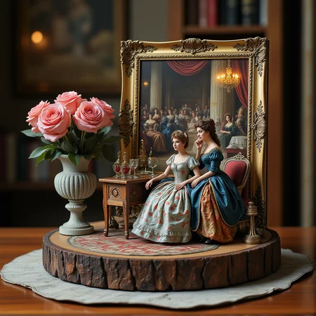 Miniature diorama of a masquerade ball next to a bouquet of roses, detailed digital illustration of a masquerade ball held in a palace, 19th century, colorful dresses, masks, well-dressed women, glamorous, lascivious and somewhat decadent atmosphere, <lora:Flux.1_Turbo_Detailer:0.7>, <lora:Diorama_Flux:0.8>