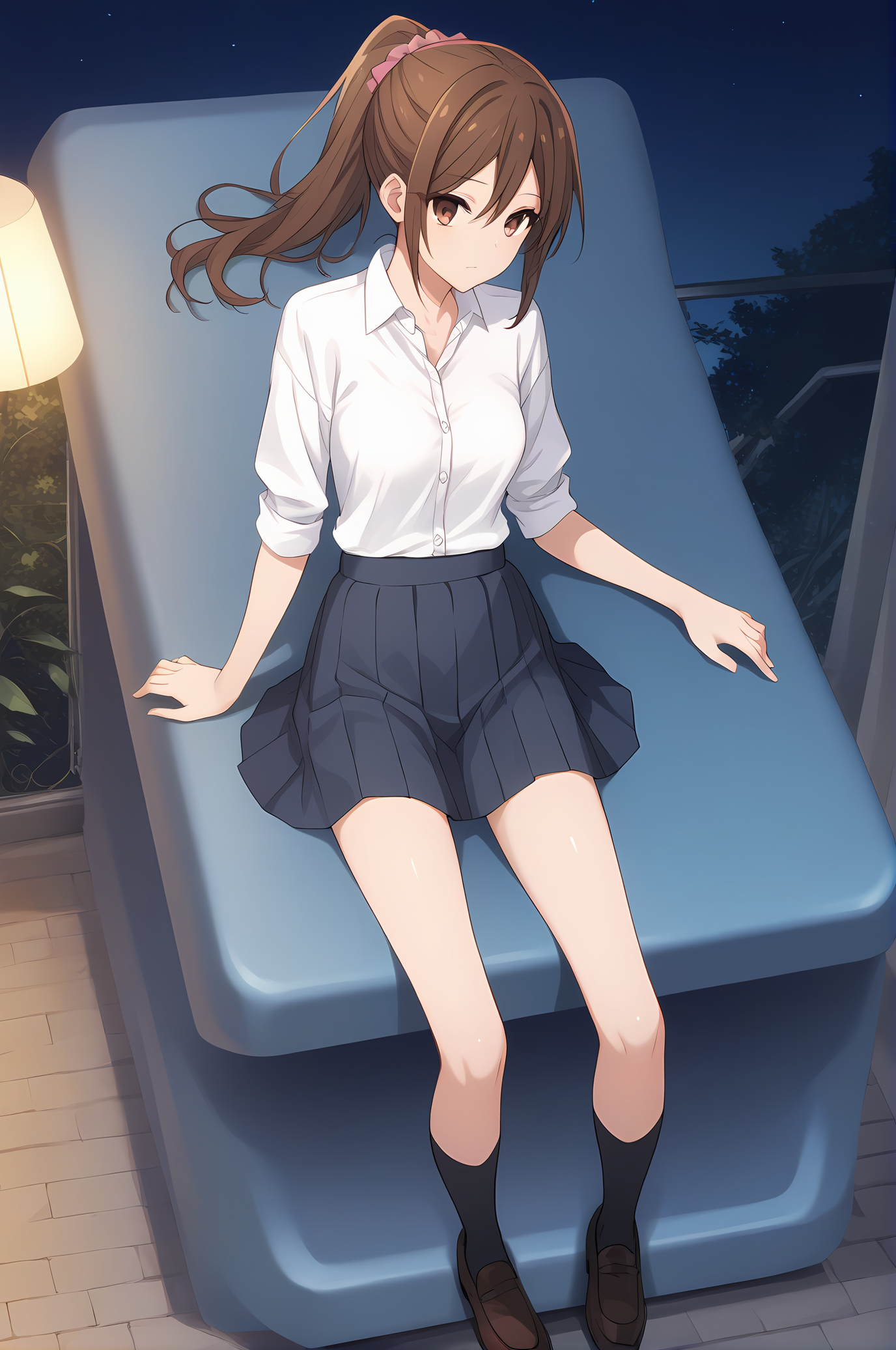 (school uniform skirt white shirt black socks uwabaki), hm-hori, brown hair, brown eyes, medium breasts, 1girl, solo, skinny, score_9, score_8_up, score_8, score_7_up, score_7, score_6_up, score_6, score_5_up, score_5, source_anime, horny, night sky, (1.3::full body|sitting|standing|lying|straight-on|0.6::close-up| :1.20), , <lora:hm-hori-V01-000003:0.80>, ponytail