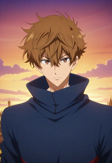masterpiece, best quality, , anime screencap, anime coloring, official style, looking at viewer, 1boy, solo, male focus, <lora:natsuya_kirishima_ilxl:0.98>, natsuya_kirishima, brown hair, brown eyes, short hair, hair between eyes, bangs, floating palace, sky gardens, wind spires, misty halls, commanding pose, royal expression, dawn mist,