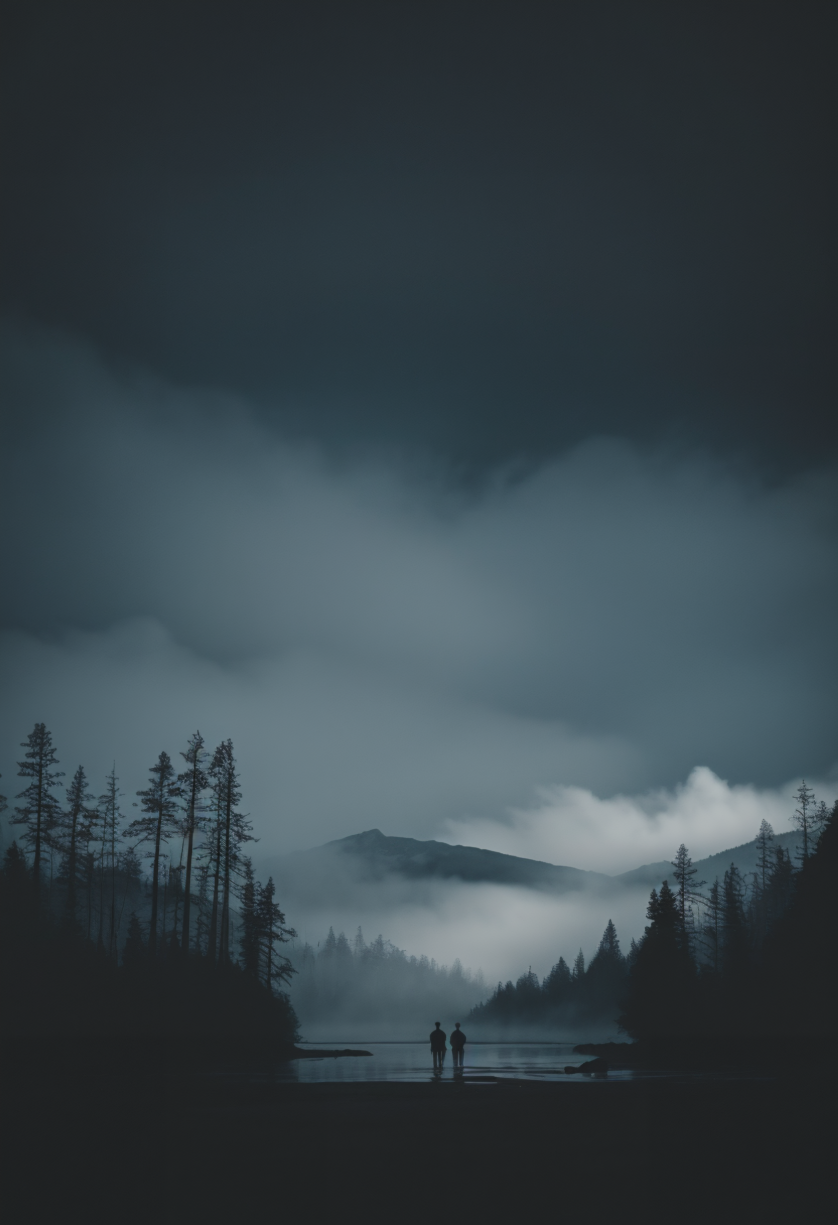 (A serene landscape of a sparkling lake, gentle clouds drifting in a bright blue sky, majestic mountain peaks emerging from the mist), vibrant colors, reflective water surface, tranquil atmosphere, high detail. highly detailed and hyper realistic photo, by Alena Aenami , by Archibald Thorburn , by Daniele Afferni , in the style of monochromatic silhouette reflection, limited dark palette, unusual dark colors, faded colors, atmospheric haze, highly dramatic cinematic lighting, motion blur, film grain, professional, excellent composition, finest details, maximized details, ultimate detail level, masterpiece, best quality