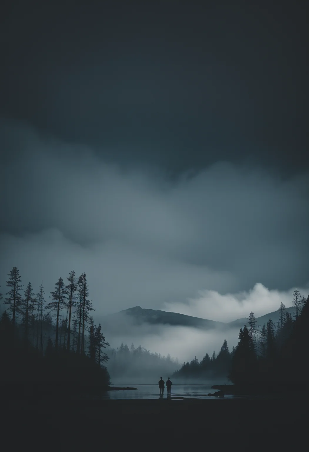 (A serene landscape of a sparkling lake, gentle clouds drifting in a bright blue sky, majestic mountain peaks emerging from the mist), vibrant colors, reflective water surface, tranquil atmosphere, high detail. highly detailed and hyper realistic photo, by Alena Aenami , by Archibald Thorburn , by Daniele Afferni , in the style of monochromatic silhouette reflection, limited dark palette, unusual dark colors, faded colors, atmospheric haze, highly dramatic cinematic lighting, motion blur, film grain, professional, excellent composition, finest details, maximized details, ultimate detail level, masterpiece, best quality