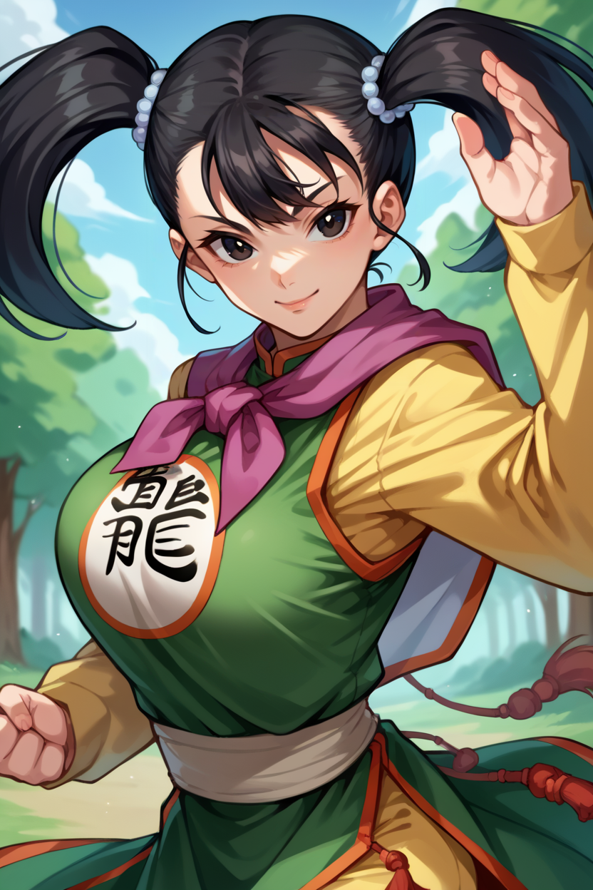score_9, score_8_up, score_7_up, score_6_up, source_anime, BREAK 1girl, solo, <lora:dq3fighter-pdxl-nvwls-v1-000006:1> dq3fighter, black hair, twintails, black eyes, hair ornament, neckerchief, chinese clothes, green dress, yellow sleeves, long sleeves, yellow pants, upper body, big breasts, fighting stance, looking at you, upper body, blue sky, forest, smile, from side