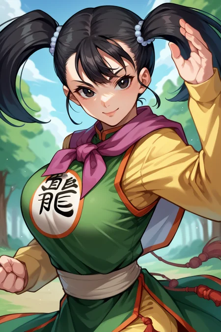 score_9, score_8_up, score_7_up, score_6_up, source_anime, BREAK 1girl, solo, <lora:dq3fighter-pdxl-nvwls-v1-000006:1> dq3fighter, black hair, twintails, black eyes, hair ornament, neckerchief, chinese clothes, green dress, yellow sleeves, long sleeves, yellow pants, upper body, big breasts, fighting stance, looking at you, upper body, blue sky, forest, smile, from side