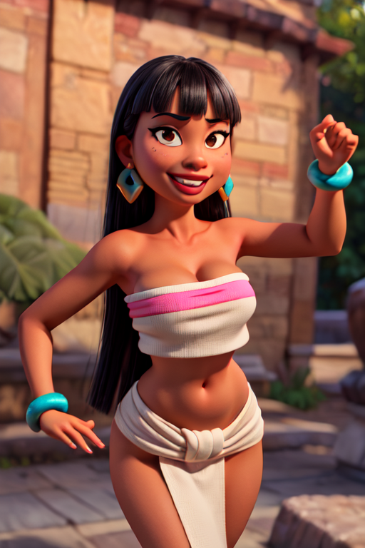 <lora:chel-10:0.7> chel,1girl, solo, long hair, breasts, looking at viewer, smile, bangs, black hair, cleavage, bare shoulders, brown eyes, jewelry, earrings, midriff, dark skin, blunt bangs, bracelet, dark-skinned female, crop top, strapless, makeup, pelvic curtain, tube top, loincloth (masterpiece:1.2), (best quality), (ultra detailed), (8k, 4k, intricate),highly detailed:1.2),(detailed face:1.2), (detailed background),detailed landscape, (dynamic angle:1.2), (dynamic pose:1.2),  <lora:more_details:0.5>