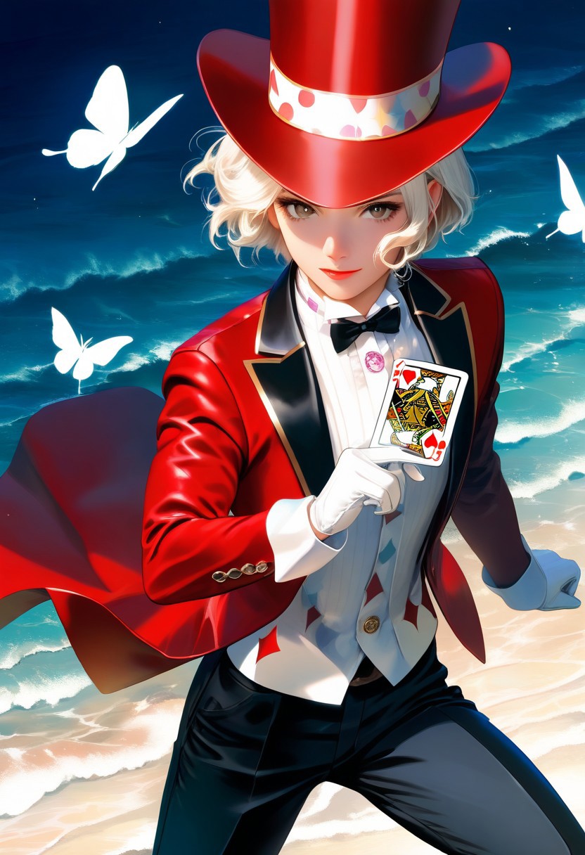 masterpiece, best quality, amazing quality, 1boy, Joyful, soft gaze, smiling, [(((brown eyes)))], (fair skin), (short hair, slightly wavy hair), ((pronounced cheekbones and chin)), ((face is rounder)), BREAK, circus magician outfit, circus pattern on jacket, red jacket, white gloves, white butterfly clothes, top hat, white t-shirt, playing cards in hand, black trousers, card tricks, BREAK, full portrait view, look to viewer, from narrow, epic poses, 
 cinematic lighting, highly detailed, dynamic shading, artstation illustration, semi-realistic style, realistic/anime style, fantasy-modern vibe, masculine face, ((black pupils)), best eyes anatomy, best face anatomy, best hands anatomy, BREAK,  very aesthetic, best quality, BREAK,  dark lighting, dark colours, attractive features, detailed hair, detailed features, realistic facial features, BREAK, sea background, dynamic poses, dynamic angle, no girl body, no girl face,