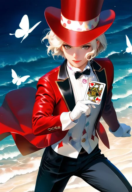 masterpiece, best quality, amazing quality, 1boy, Joyful, soft gaze, smiling, [(((brown eyes)))], (fair skin), (short hair, slightly wavy hair), ((pronounced cheekbones and chin)), ((face is rounder)), BREAK, circus magician outfit, circus pattern on jacket, red jacket, white gloves, white butterfly clothes, top hat, white t-shirt, playing cards in hand, black trousers, card tricks, BREAK, full portrait view, look to viewer, from narrow, epic poses, 
 cinematic lighting, highly detailed, dynamic shading, artstation illustration, semi-realistic style, realistic/anime style, fantasy-modern vibe, masculine face, ((black pupils)), best eyes anatomy, best face anatomy, best hands anatomy, BREAK,  very aesthetic, best quality, BREAK,  dark lighting, dark colours, attractive features, detailed hair, detailed features, realistic facial features, BREAK, sea background, dynamic poses, dynamic angle, no girl body, no girl face,