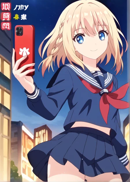 (score_9, score_8_up, score_7_up,  break),  <lora:Rinka_(ponyXL):1>, cute, rinka, red light district, city, night, 1girl, braid, blonde hair, blue eyes, sidelocks, blue serafuku, sailor collar, school uniform, anime screenshot, official art, detailed background, 8k, pleated skirt, floating hair, floating clothes, smile, cellphone, text messaging, holding,