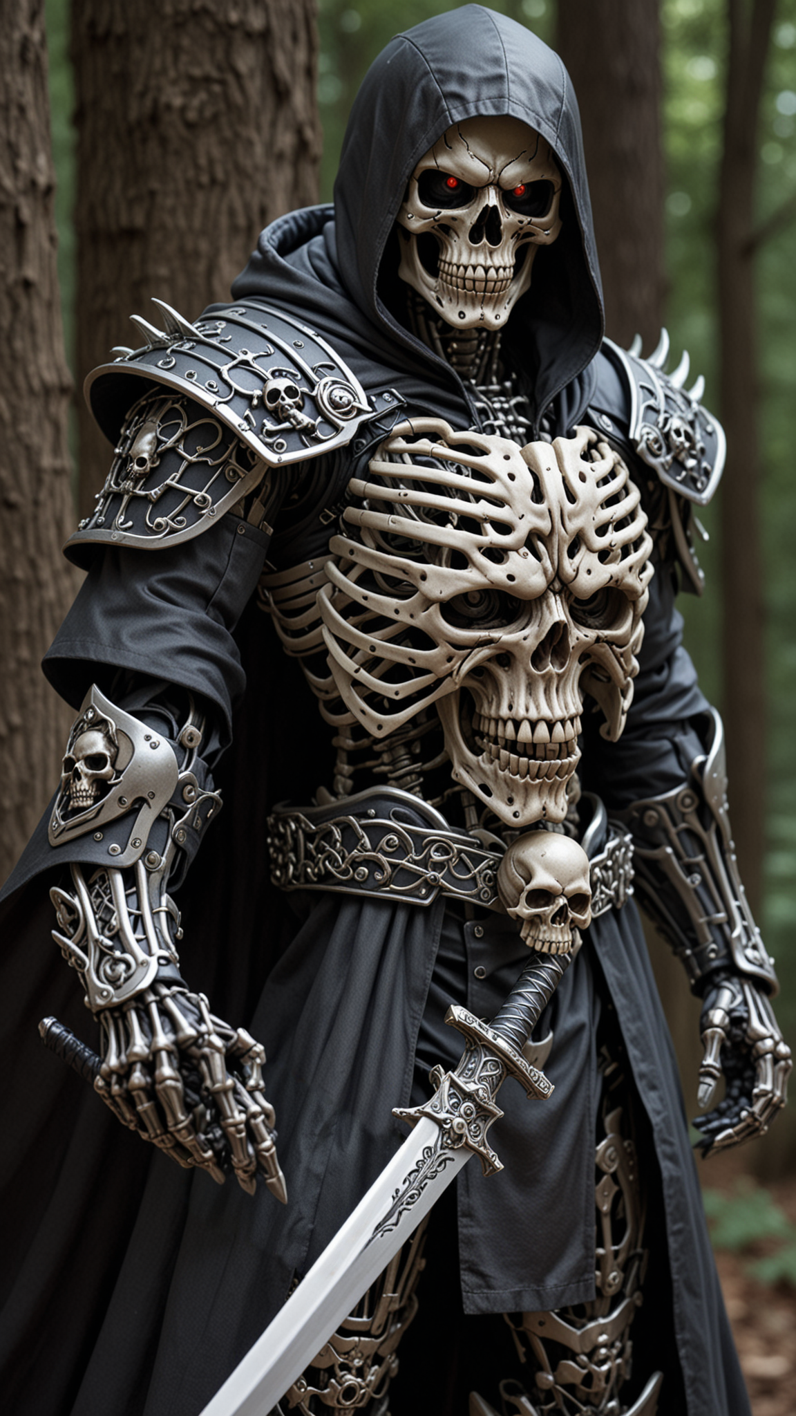 (masterpiece:1.2), best quality, high resolution, perfect lighting, extremely detailed, (Terminator assasin), battle scared white and black carbon armor, Wearing a dark cloak with hood, skull face just visable under hood, full_armor, humanoid, Metal Human skull head, (extreme detailed micro mechcanical scary Metal human skull design). Samurai sword shinning silver, Runes decorative embossments over his cloak, slim muscular body fast agile and stealthy,  <lora:Hired_Cyborg_Assasin_XL_-_By_DICE:0.4>