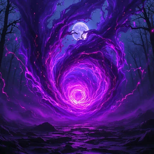 A swirling vortex of purple and black shadow flames, with glowing runes and tendrils of dark energy, in a misty, moonlit forest, highly detailed, dark fantasy style