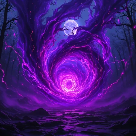 A swirling vortex of purple and black shadow flames, with glowing runes and tendrils of dark energy, in a misty, moonlit forest, highly detailed, dark fantasy style