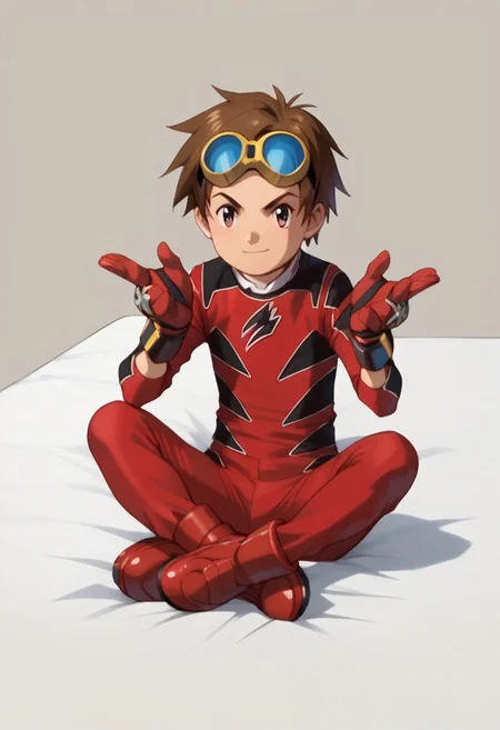 score_9, score_8_up, score_7_up, zPDXL2,
1boy, solo, goggles on head, brown hair,
,sitting on bed,
geki red, red bodysuit, black markings, red gloves, red boots,