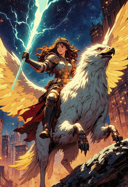 Fierce woman warrior, with a tiara on her head, female fantasy armor from the Middle Ages, holding something like a lightning bolt, which glows bright cyan light, she is as if ready to throw it, the woman is riding a fetesian griffin, on which golden lats, they are in the air, in flight, in the background you can see the stardust evening sky and the buildings of Gorda, retro anime, fantasy art 