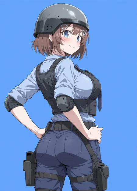 unholy-aesthetic, masterpiece, best quality, amazing quality, absurdres,
1girl, solo, brown hair, hair ornament, large breasts, short hair, blue eyes, collarbone
bm_sg, helmet, blue shirt, collared shirt, necktie, blue necktie, black vest, bulletproof vest, blue pants, knee pads, holster, boots,
smile, standing, hands on the hips, cowboy shot, standing, blush, simple background, blue background, from behind, back view