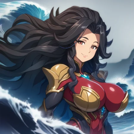 anime, best quality, (masterpiece:1.4), (high quality:1.4), sharp focus, 4k, absurd resolution, detailed hands, (curly hair:0.5), long hair, black hair, 1girl, mature female, (parted hair), (round face), (parted bangs), <lora:ETO_OC_XL:0.7>, looking at viewer, hazel eyes, (thick eyebrows:0.5), smile, <lora:QueenofBladeCos_SDXL:0.8> QueenofBladeCos, glowing, grey sky, large breasts, waves